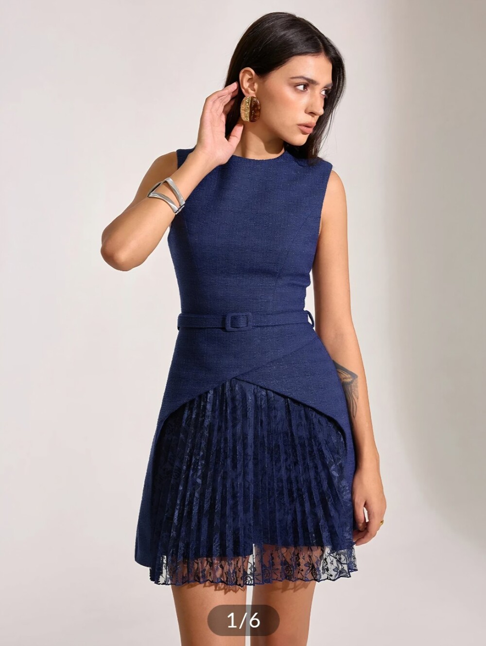 Commense Navy Sleeveless Pleated Lace Mini Dress with Belt
